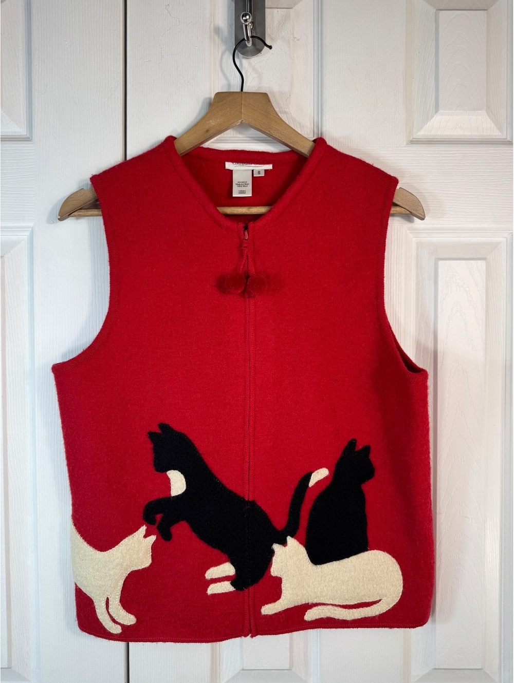 Coldwater Creek Red Wool Cat Pattern Zip-Up Vest Size S